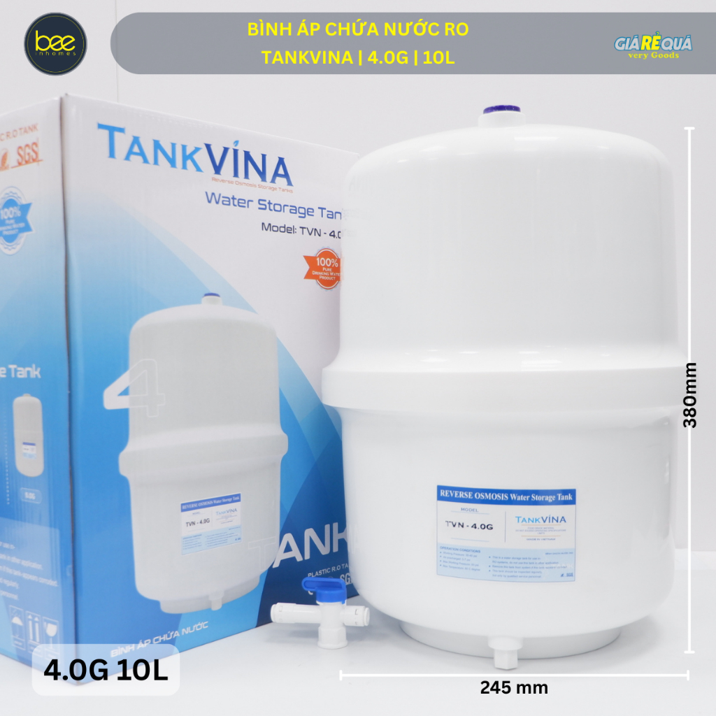 Bình Áp Chứa Nước RO Tankvina 4G (10L) - Kèm Van Bảo Vệ Quá Áp - Dùng Cho Mọi…