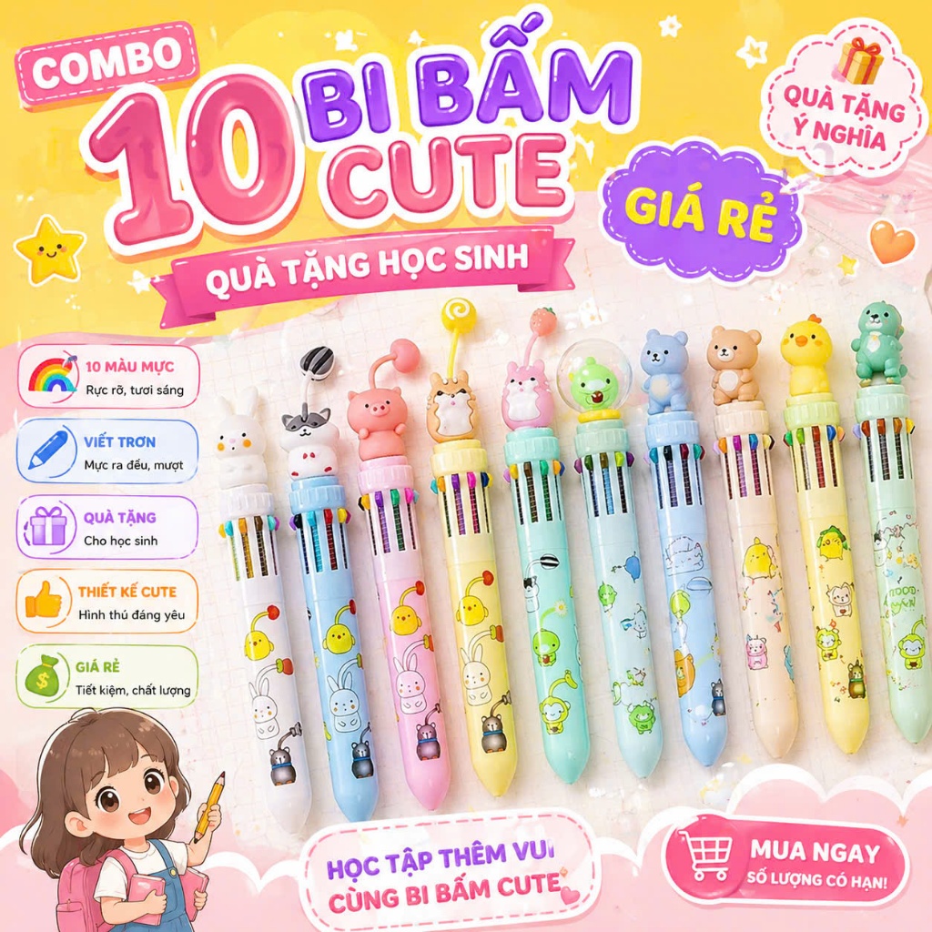 Combo 10 Bút bi bấm nhiều màu dễ thương - QUÀ TẶNG HỌC SINH