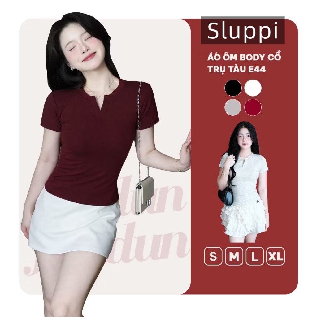 déd Áo Thun Nữ Ôm Body JUSTDUN E44 – Cổ Trụ Tàu Tay Ngắn, Vải Cotton Mềm Mịn Co Giãn 4 Chiều, Thoáng Mát