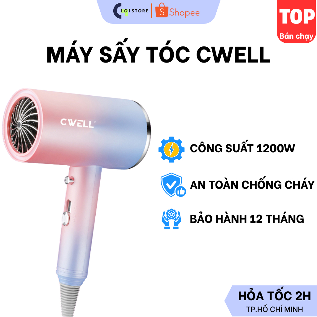 Máy sấy tóc mini CWELL công suất 1200W, 2 chế độ nóng lạnh C02HD - TẶNG ĐẦU SẤY