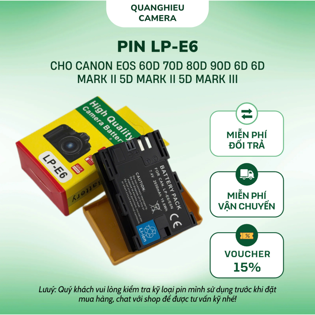 [SẴN - HỎA TỐC HN]Pin LP-E6 2650mAh cho Canon 60D 70D 80D 90D 6D 6D Mark II 5D mark II 5D Mark III E