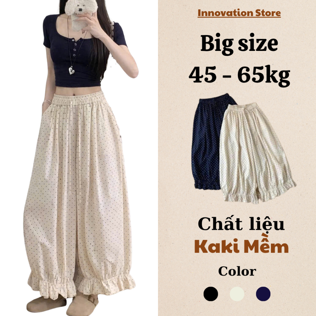 Quần Bom Thụng Nữ Ống Rộng Cạp Chun Dây Rút Họa Tiết Chấm Bi Chất Đũi Mềm, Mát Phối Chân Bèo Tiểu Thư M33 | BigBuy360 - bigbuy360.vn