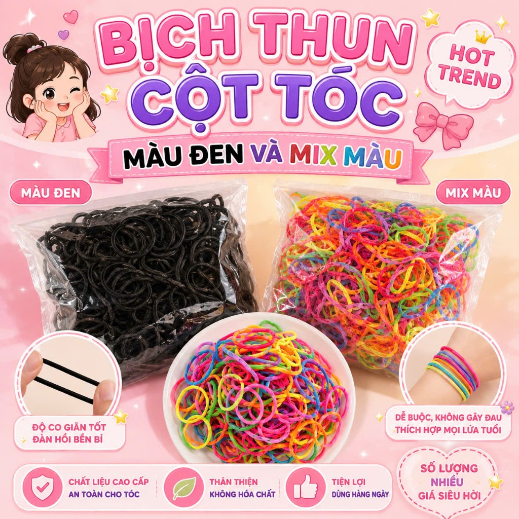 Set bịch Thun cột tóc cho mẹ và bé màu đen/ đủ màu 100g