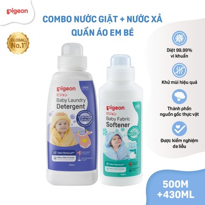 Combo nước giặt + xả quần áo em bé Pigeon nguồn gốc thực vật dịu nhẹ cho trẻ sơ sinh