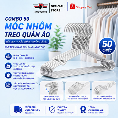 Combo 50 Móc Nhôm Treo Quần Áo Huy Tưởng  Móc Phơi Đồ Cao Cấp Cho Người Lớn Trẻ Em.