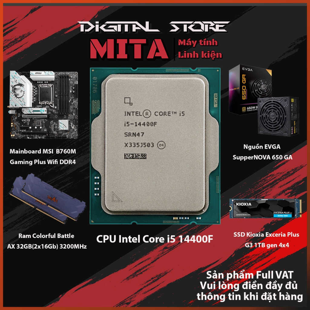 PC Intel Core i5 14400F + B760M + 32GB 3200Mhz Bộ PC lắp ráp MITA EXCUTE CPU i5 14400F New Tray bảo 