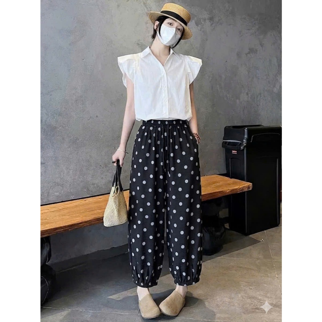 Quần suông ống rộng nữ vải Linen MiuMiu Fashion cạp cao tôn dáng họa tiết chấm bi đi dạo biển phong 