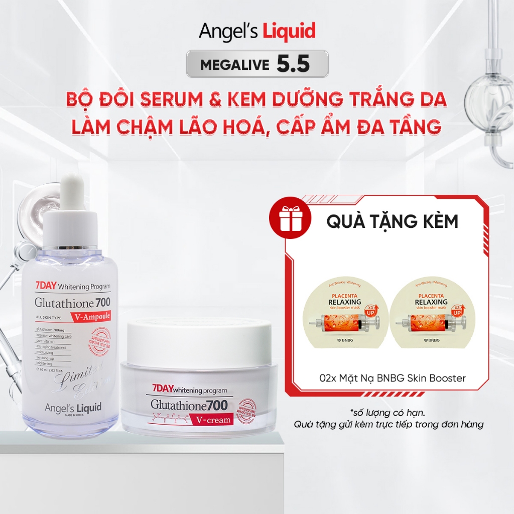 [phiên bản 60ml] Combo Serum, Kem Dưỡng Trắng Da, Cấp Ẩm Đa Tầng Angel's Liquid Glutathione 700mg + 