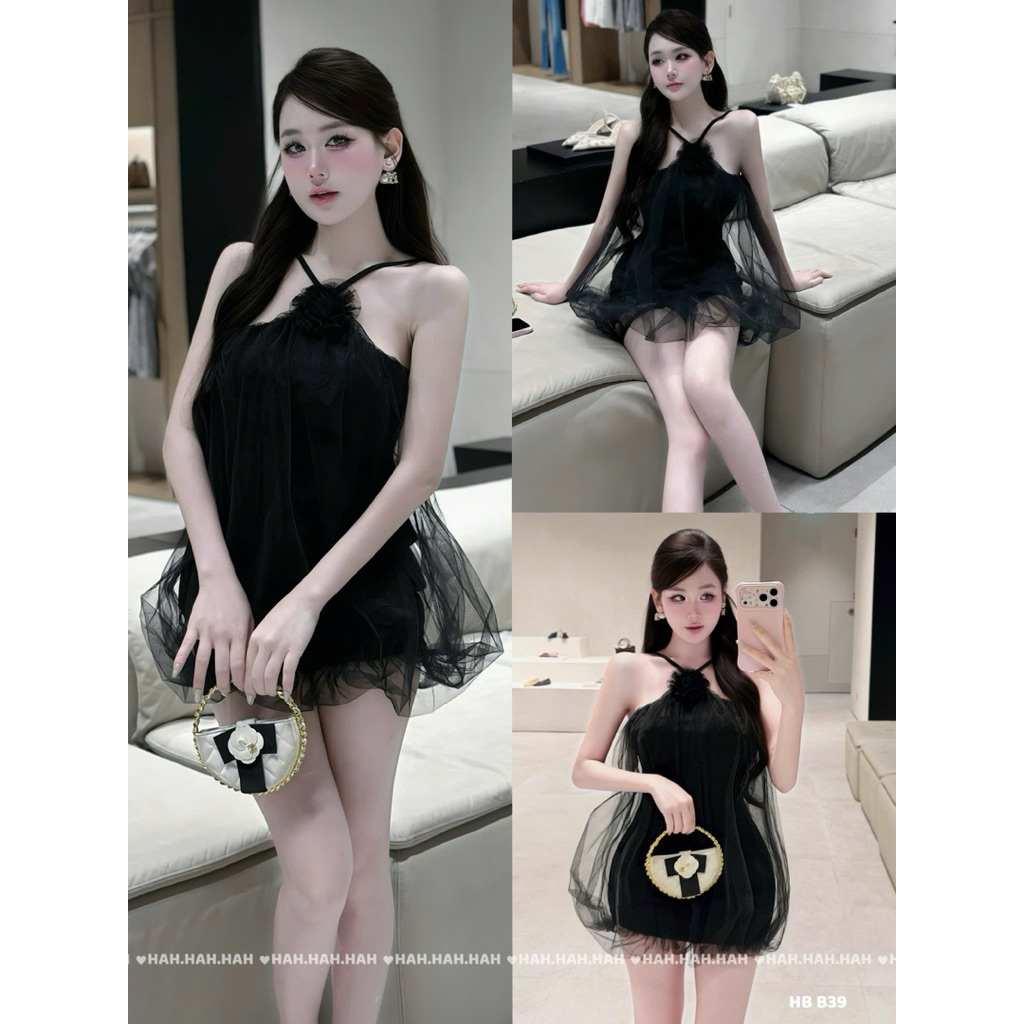 HB B39 Đầm Nữ Hai Dây Đen Xòe Voan Lưới Kiểu Dáng Tiểu Thư Đính Hoa Nổi Dự Tiệc Cafe Sang Chảnh Có Đ