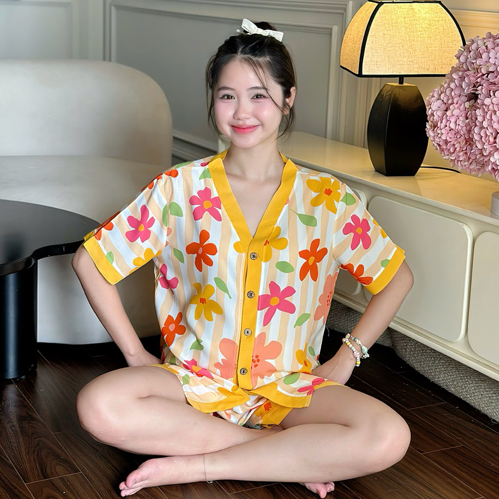 EVERMOM I Đồ bộ bầu đùi tôn hai da thái phối màu gài cúc