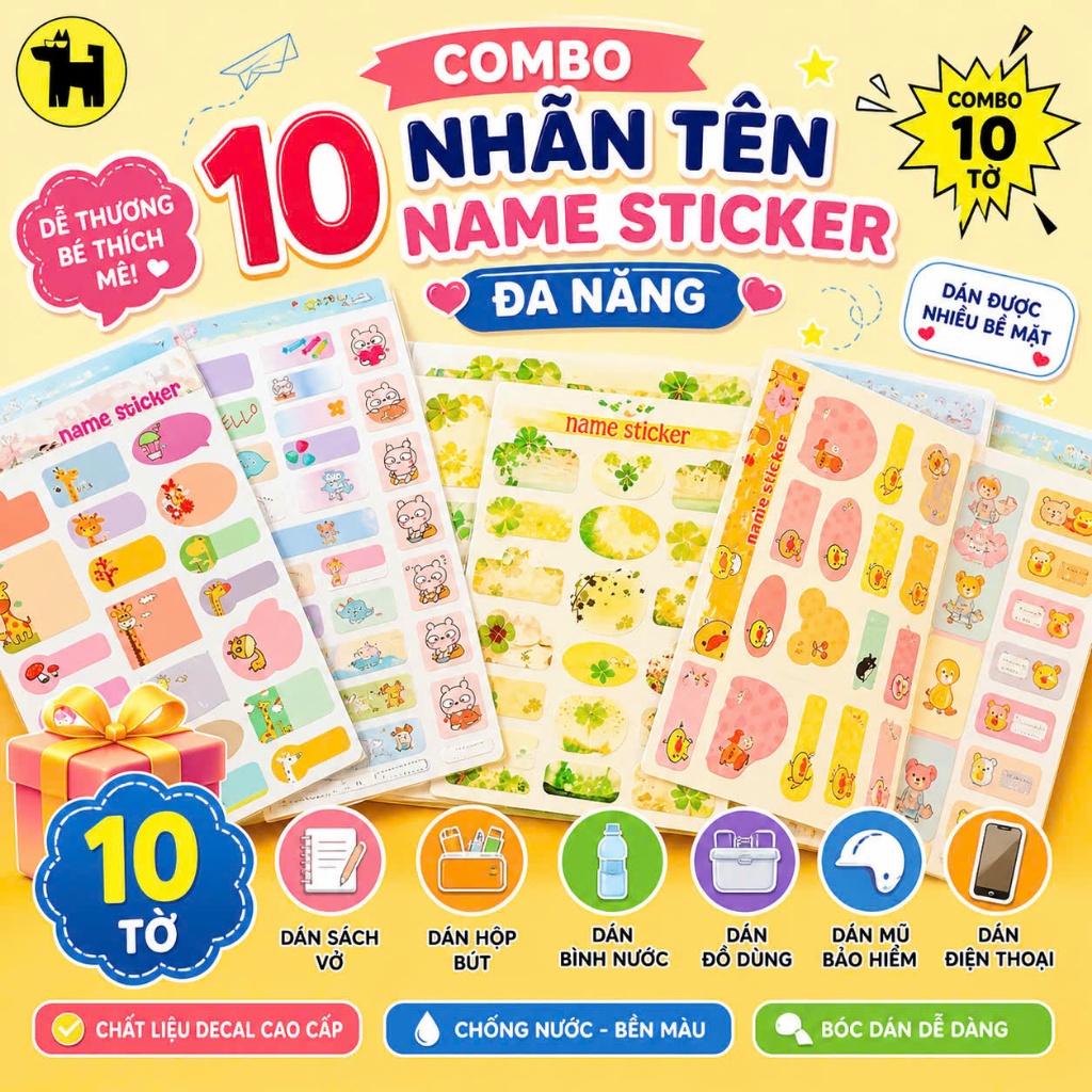 Combo 10 nhãn tên , name sticker trang trí, nhãn dán ghi date mỹ phẩm mẫu cute