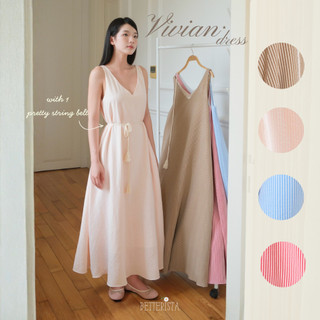 Váy đầm kẻ sọc dáng dài rộng cổ V - Vivian dress Betterista thiết kế - tặng kèm đai dây tết thắt eo mặc 2 kiểu