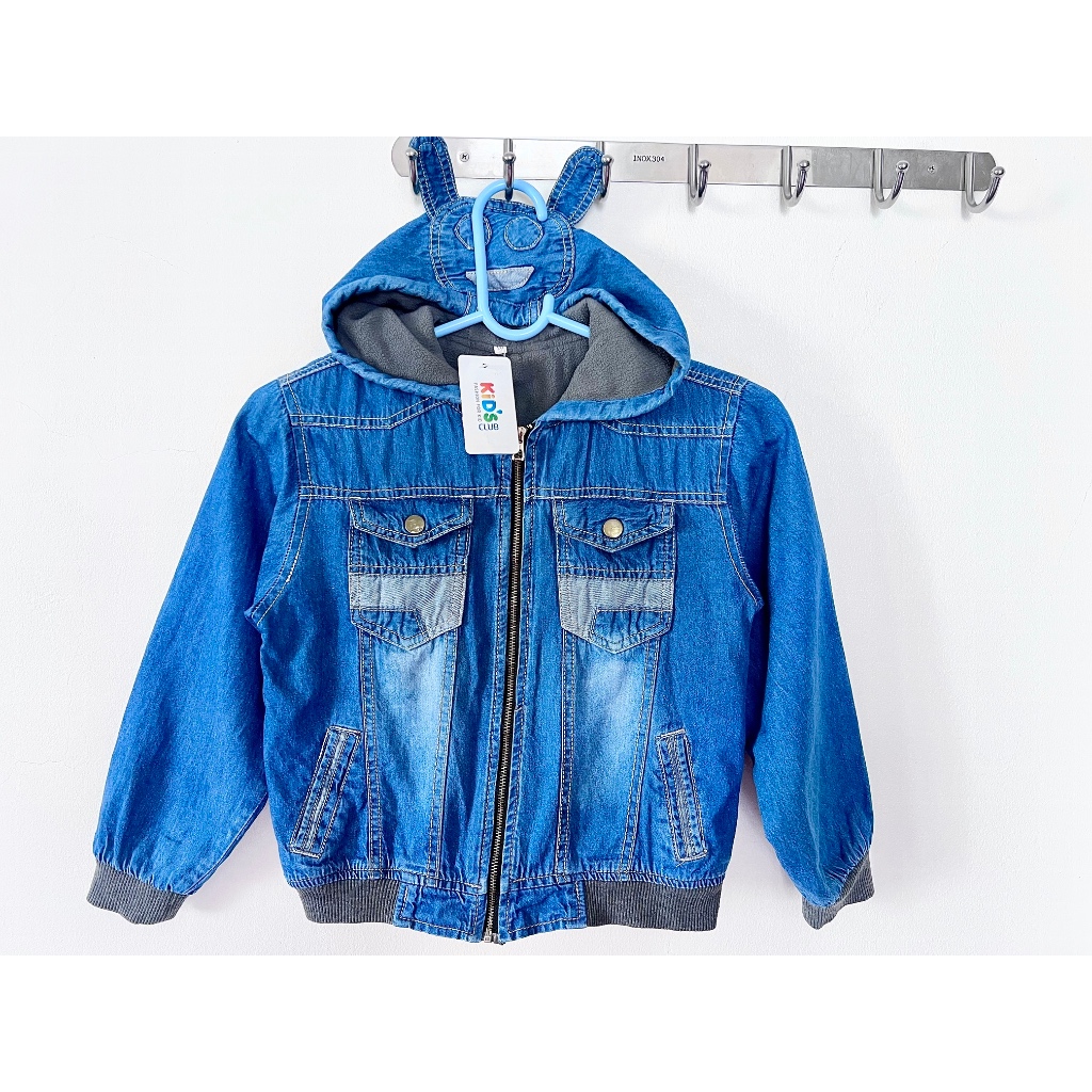 ÁO KHOÁC JEANS BÉ TRAI - KID'S CLUB - SIZE 10 TUỔI - XANH LAM - VẢI BÒ - CHỮ US POLO - KÈM MŨ TAI MÈ