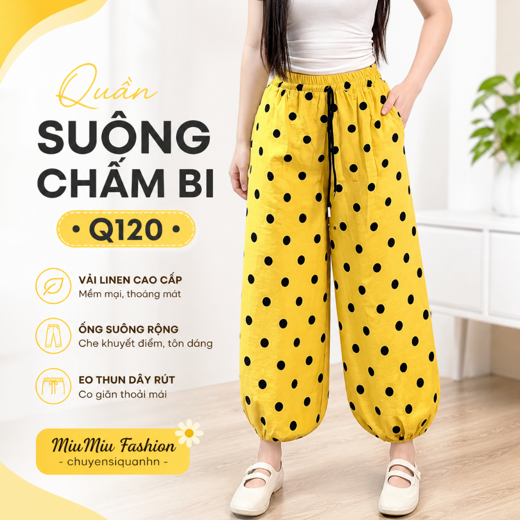Quần Suông Ống Rộng Nữ Linen Chấm Bi Q120, Quần Dài Nữ Cạp Cao Tôn Dáng Thoáng Mát MiuMiu Fashion