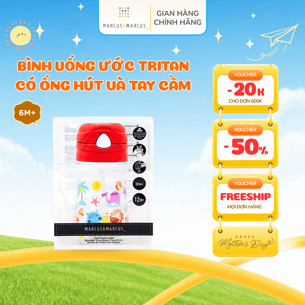 Bình Uống Nước Có Ống Hút Cho Bé Tritan Marcus & Marcus, Từ 12 Tháng - Marcus