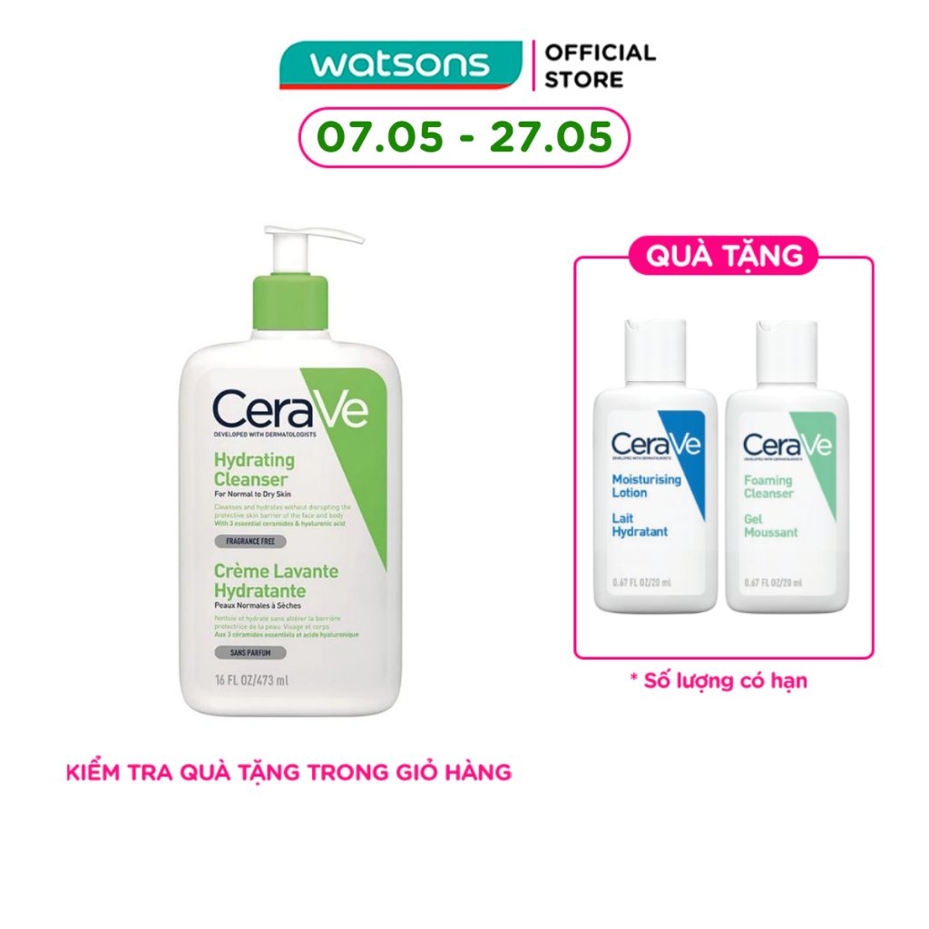 Sữa Rửa Mặt CeraVe Hydrating Cleanser Giúp Làm Sạch Và Cấp Ẩm Dành Cho Da Thường Và Da Khô 473ml
