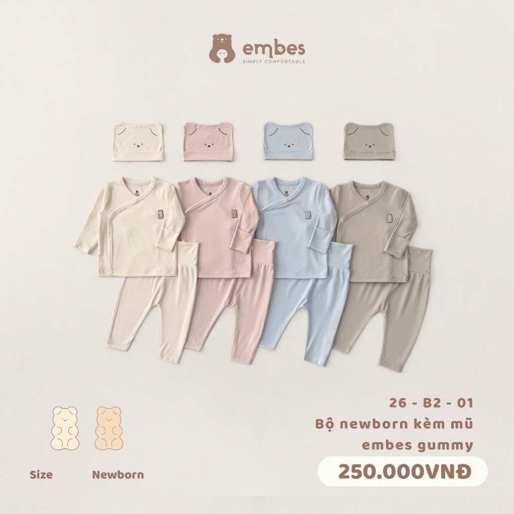 Bộ Sơ Sinh Embes, Bộ Đồ Dài Tay Sơ Sinh Kèm Mũ Chất Cotton Mềm Mòng Cho Bé Sơ Sinh Từ 0-3 Tháng