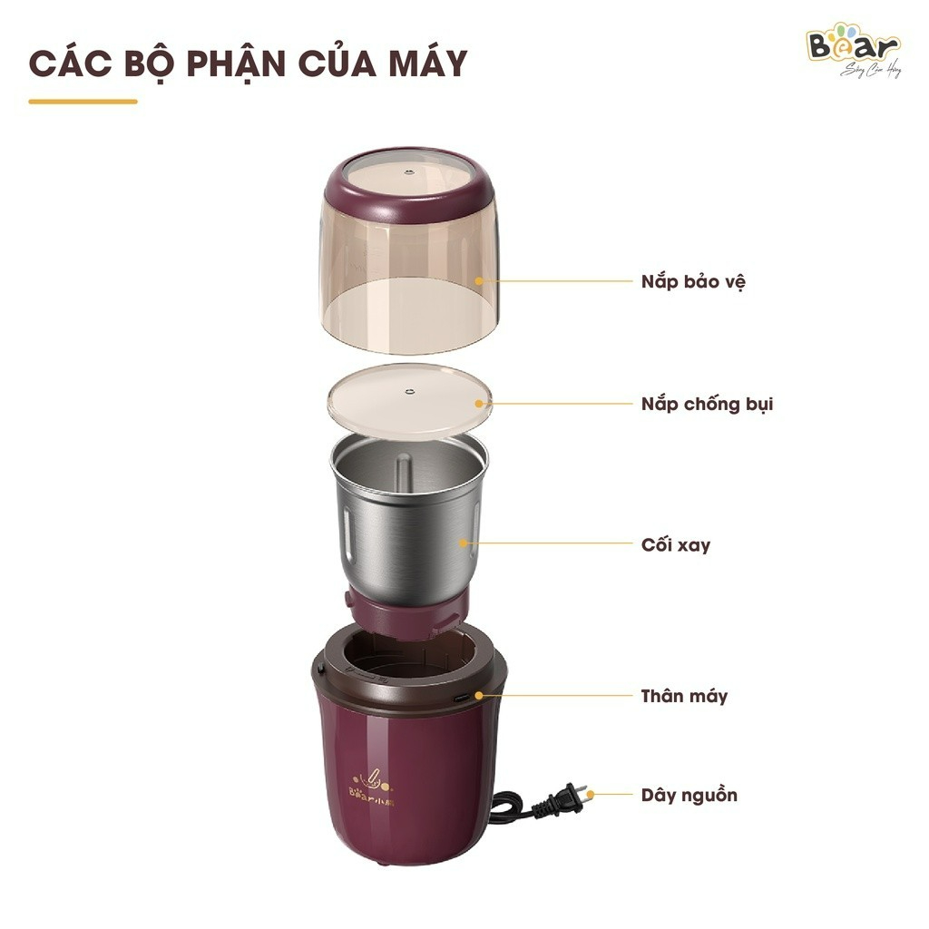 Máy xay hạt khô cầm tay Bear MDJ-A02G3, 200W, Xay nhuyễn hạt cà phê, tiêu, thảo mộc, BH 18 Tháng | BigBuy360 - bigbuy360.vn
