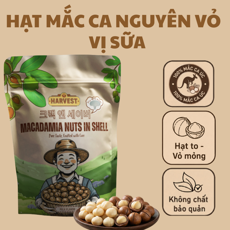 [Hàng tặng không bán] Hạt macca Úc nứt vỏ cao cấp nhà Harvest, đã rang sấy vị ngẫu nhiên dinh dưỡng