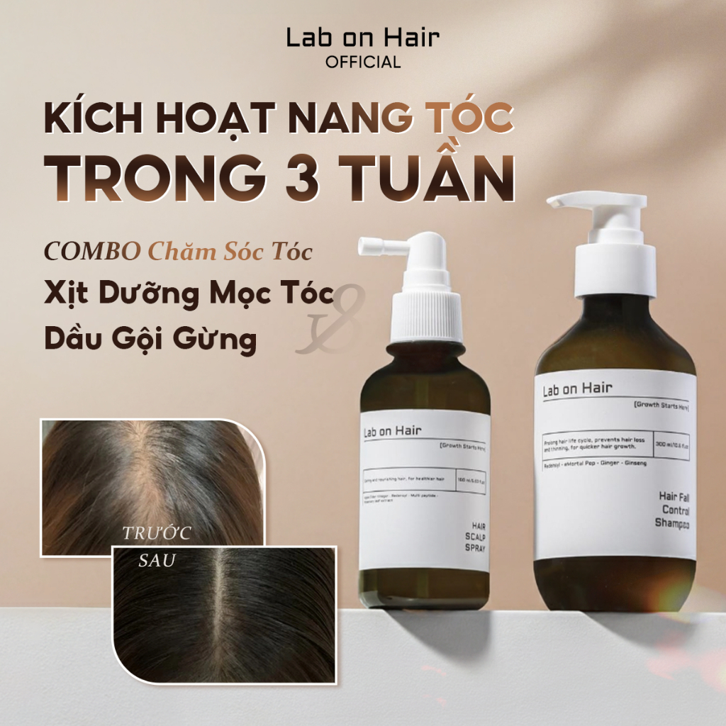 Combo xịt mọc tóc+ dầu gội gừng Lab on Hair dưỡng tóc 160ml+300ml hỗ trợ dưỡng ẩm và cải thiện tình 