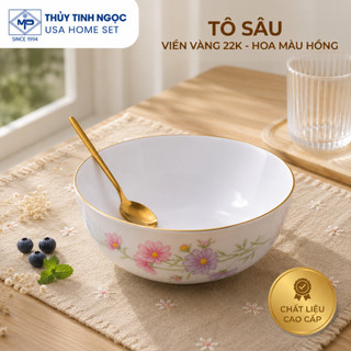 Tô Sâu Viền Vàng 22k Họa Tiết Hoa Màu Hồng Thủy Tinh Ngọc Usa Homeset Nhập Khẩu Chính Hãng