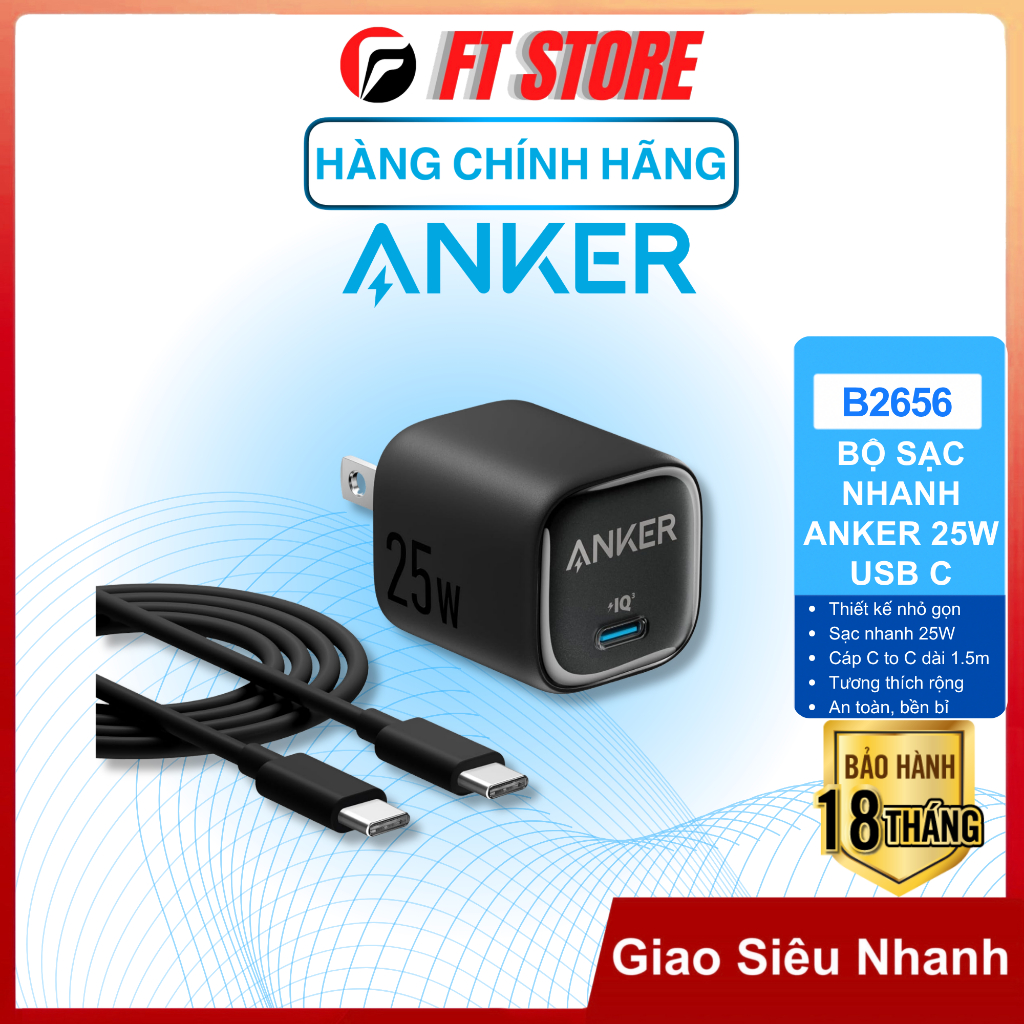 Củ Sạc Nhanh Anker A2656 25W USB-C Nhỏ Gọn, Sạc Nhanh PPS Cho Samsung/Galaxy S24/Z Fold/Z Flip/Tab