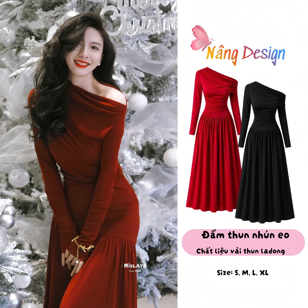 Đầm đỏ dự tiệc lệch vai dáng dài sang chảnh, đầm thun nhún trễ vai phong cách tiểu thư, váy đỏ nhún 