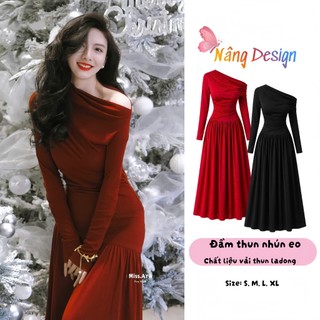 Đầm đỏ dự tiệc lệch vai dáng dài sang chảnh, đầm thun nhún trễ vai phong cách tiểu thư, váy đỏ nhún eo NÂNG DESIGN_N369