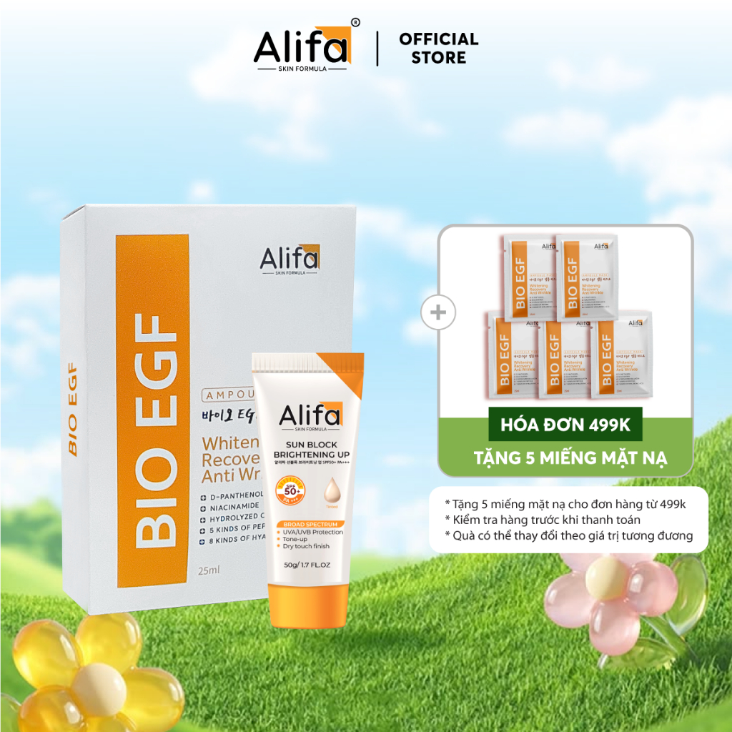Combo dưỡng da 3: Hộp 10 miếng Mặt nạ Alifa BIO EGF dưỡng ẩm, phục hồi da 25ml và Kem chống nắng Ali