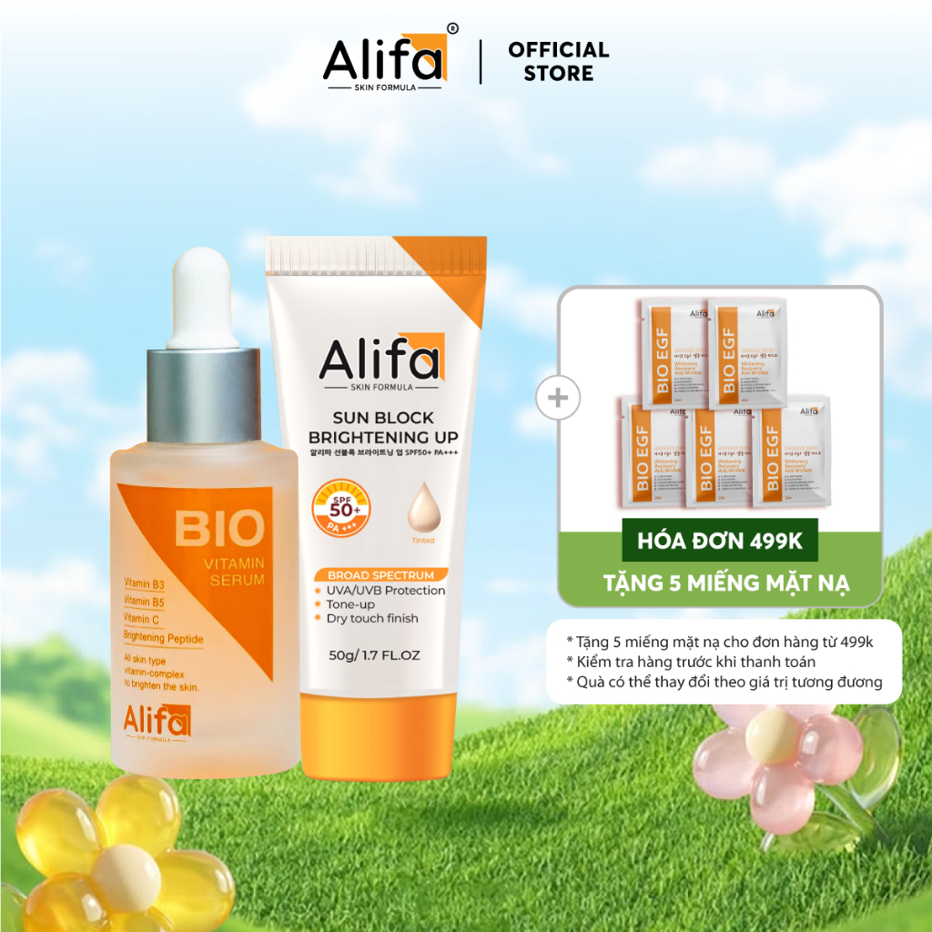 Combo dưỡng da 1: Kem chống nắng cho mặt Alifa Sun Block 50g và Serum dưỡng ẩm, dưỡng trắng da Alifa