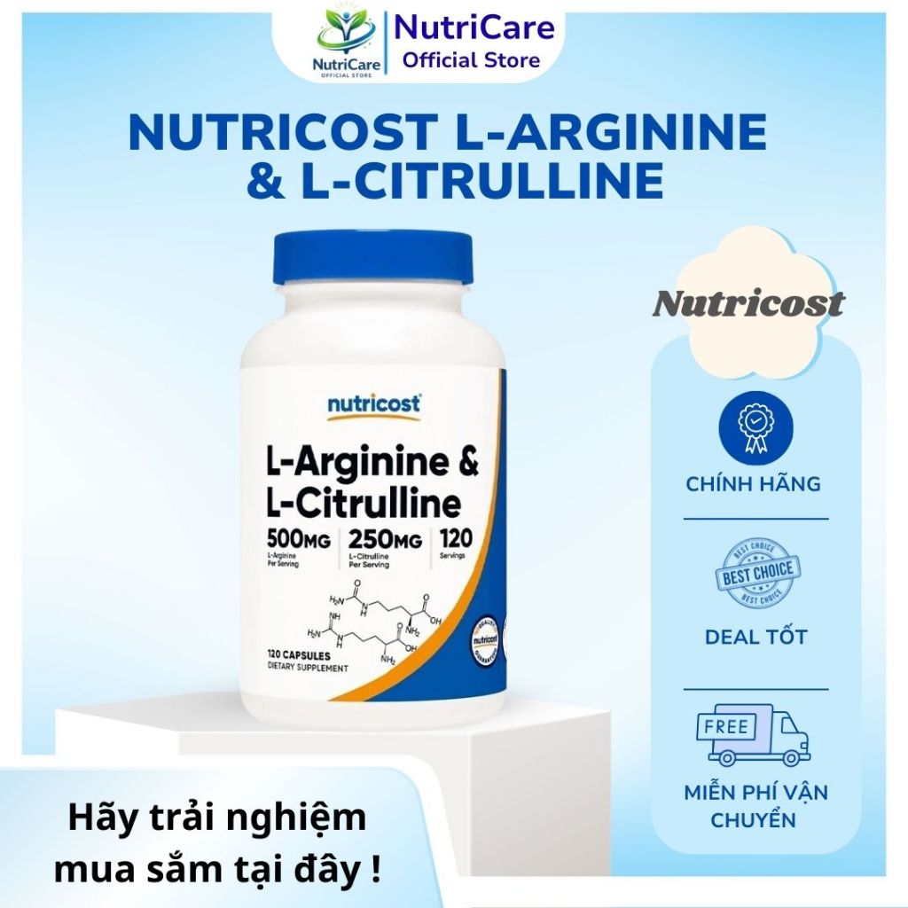 Nutricost L-Arginine & L-Citrulline + Viên uống hỗ trợ căng phồng cơ, tăng cường lưu thông máu