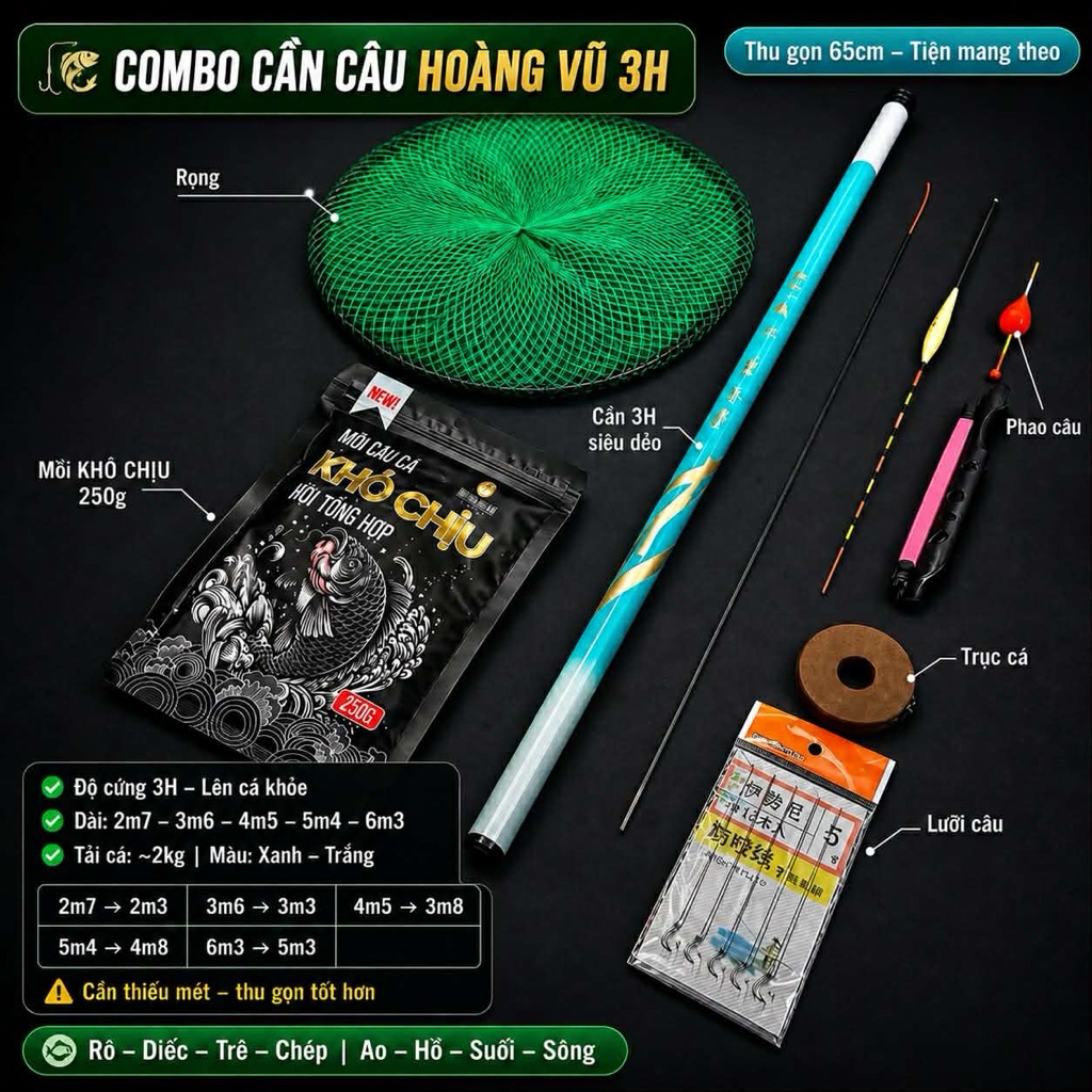 Combo Cần Câu Tay Hoàng Vũ 3H Độ Cứng, Siêu Dẻo Câu Tự Nhiên, Kèm Phụ Kiện Gẩy Cá – Cần Thiếu Mét | 