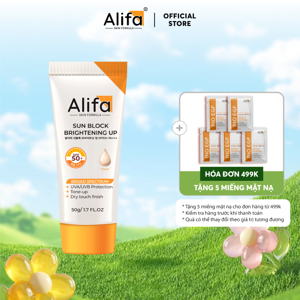Kem chống nắng Alifa Sun Block Brightening Up 50g, SPF50+ PA+++, nâng tone, dưỡng da trắng mịn