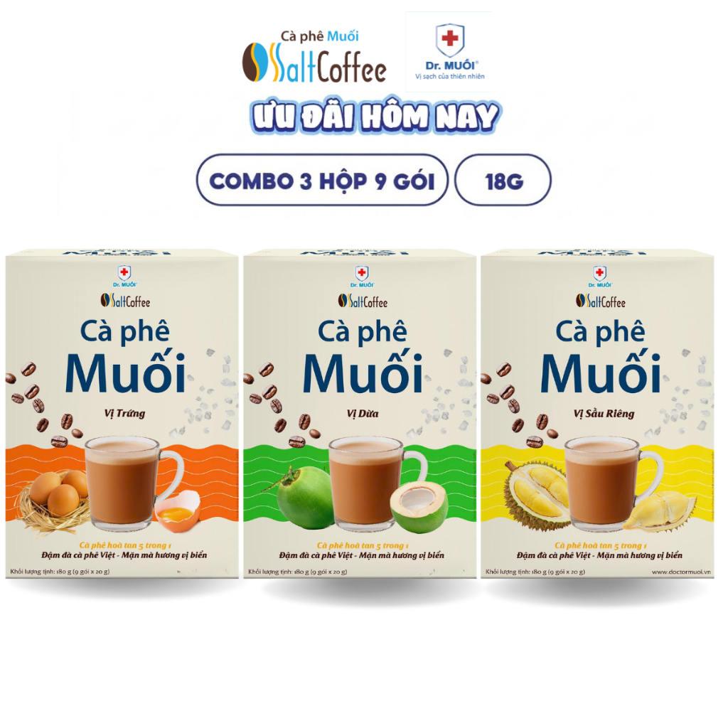Combo 3 Hộp Béo Ngậy & Lạ Miệng - Vị Sầu Riêng + Vị Trứng + Vị Dừa, Cà Phê Muối (9 gói/hộp) -Mr.Muối