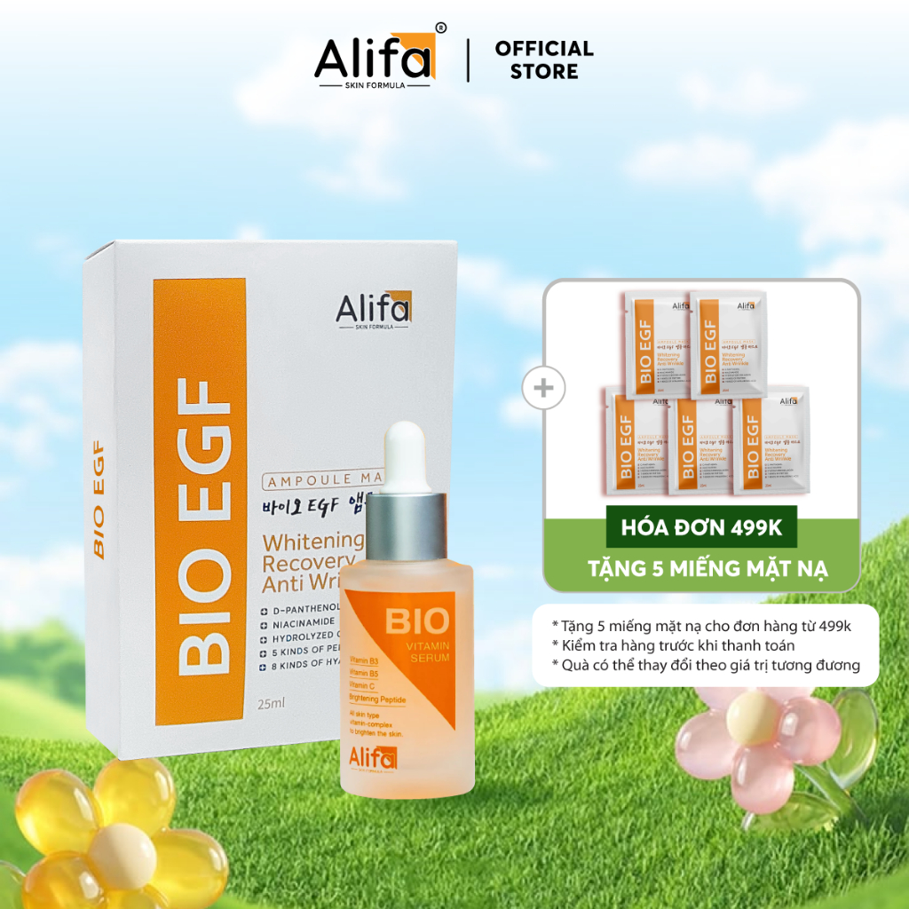 Combo dưỡng da 2: Serum dưỡng ẩm, dưỡng trắng da BIO Alifa 35ml và Hộp 10 miếng Mặt nạ Alifa EGF dưỡ