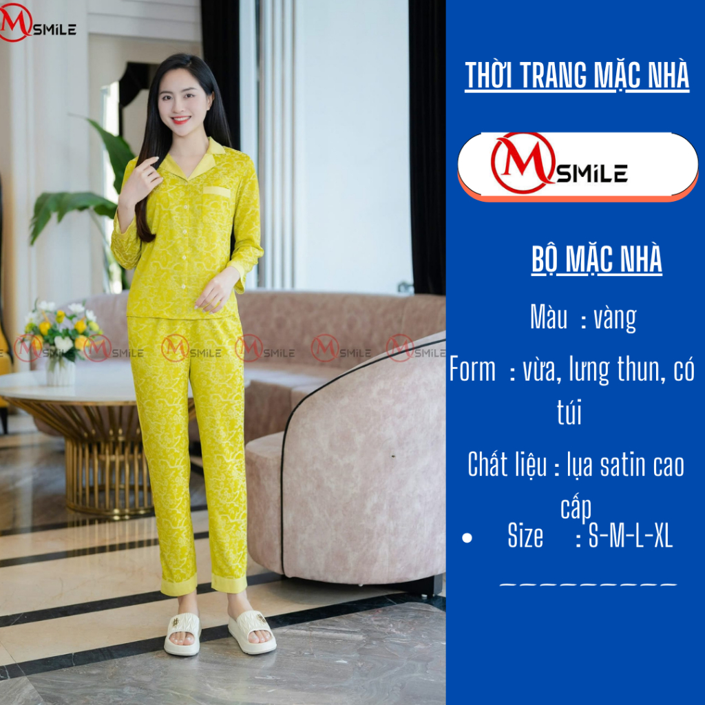 Bộ mặc nhà pijama Msmile cao cấp tay dài chất lụa gấm sang trọng họa tiết hoa trung niên 314