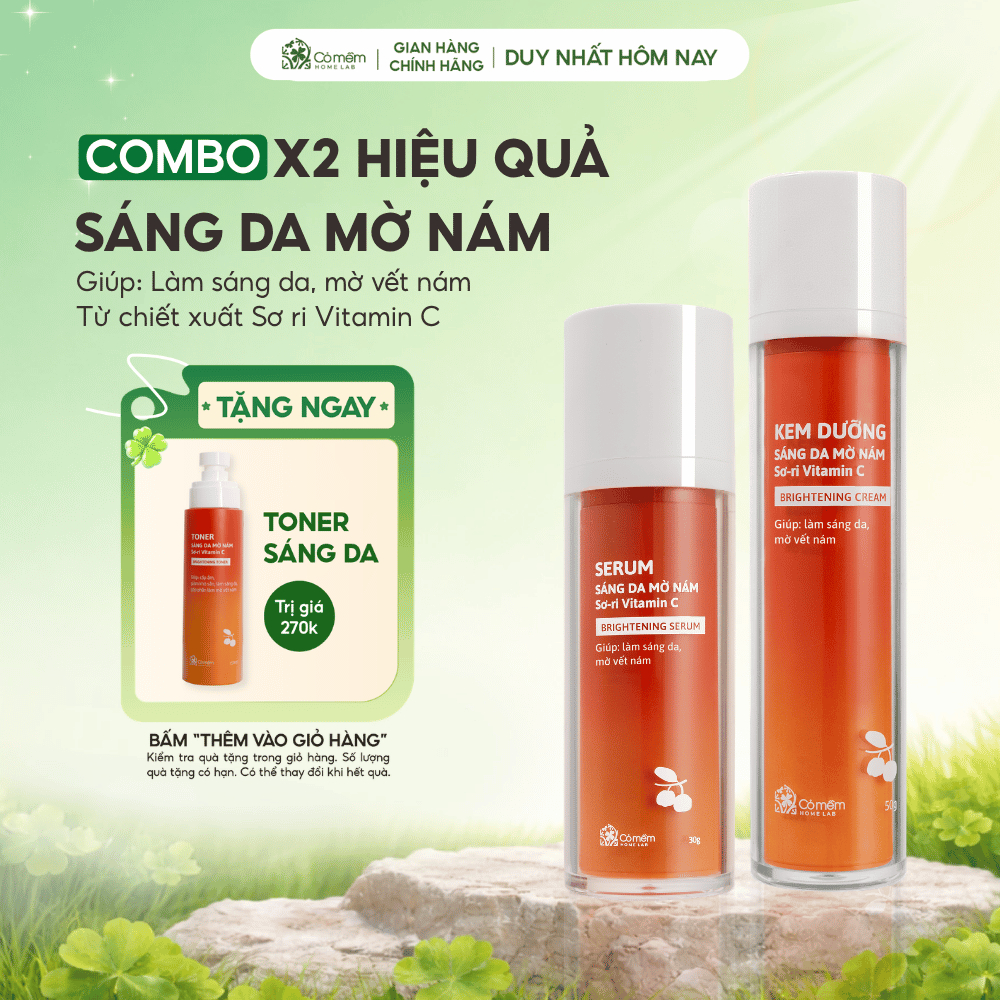 Bộ đôi serum kem dưỡng Vitamin C dưỡng sáng da mờ thâm nám tàn nhang từ trái Sơ-ri Cỏ Mềm