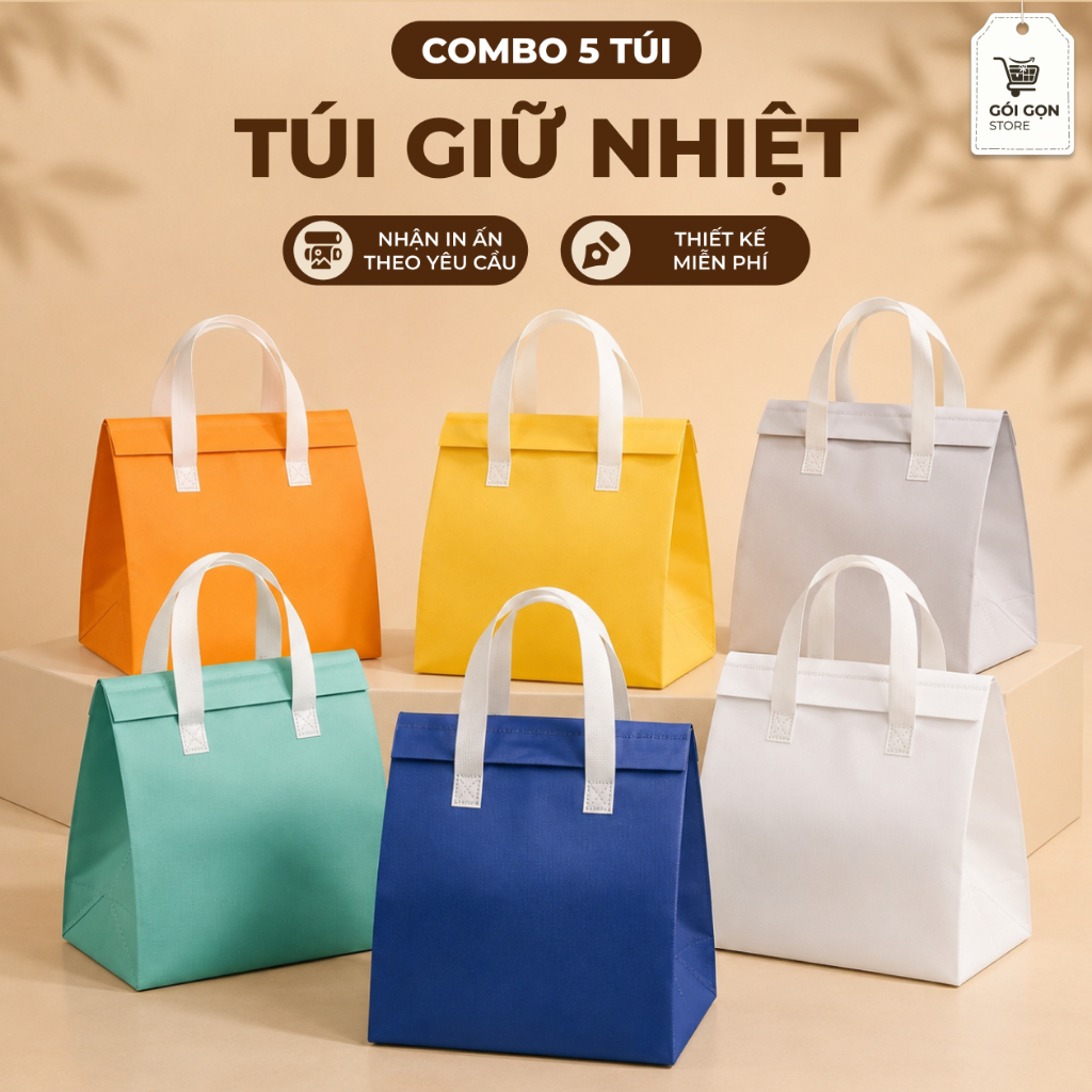 Combo 5 Túi Giữ Nhiệt Vải Không Dệt Đựng Hộp Cơm, Đồ Ăn, Bình Nước – Nóng Lạnh, Nhiều Màu CX560