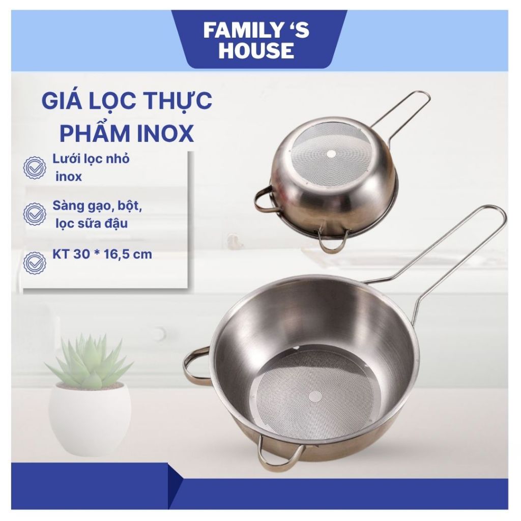 [family's house] Rây Lọc thực phẩm Inox 304, rây lọc gạo, lọc sữa, rây bột, tay cầm dài, chắc chắn