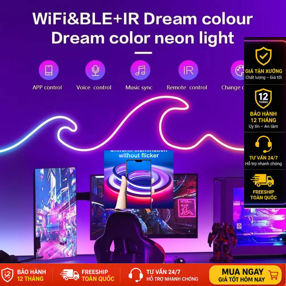 Đèn LED Neon Flex ARGB/RGB 16 Triệu Màu Chạy Đuổi, Cảm Biến Âm Thanh, Remote Trang Trí Phòng