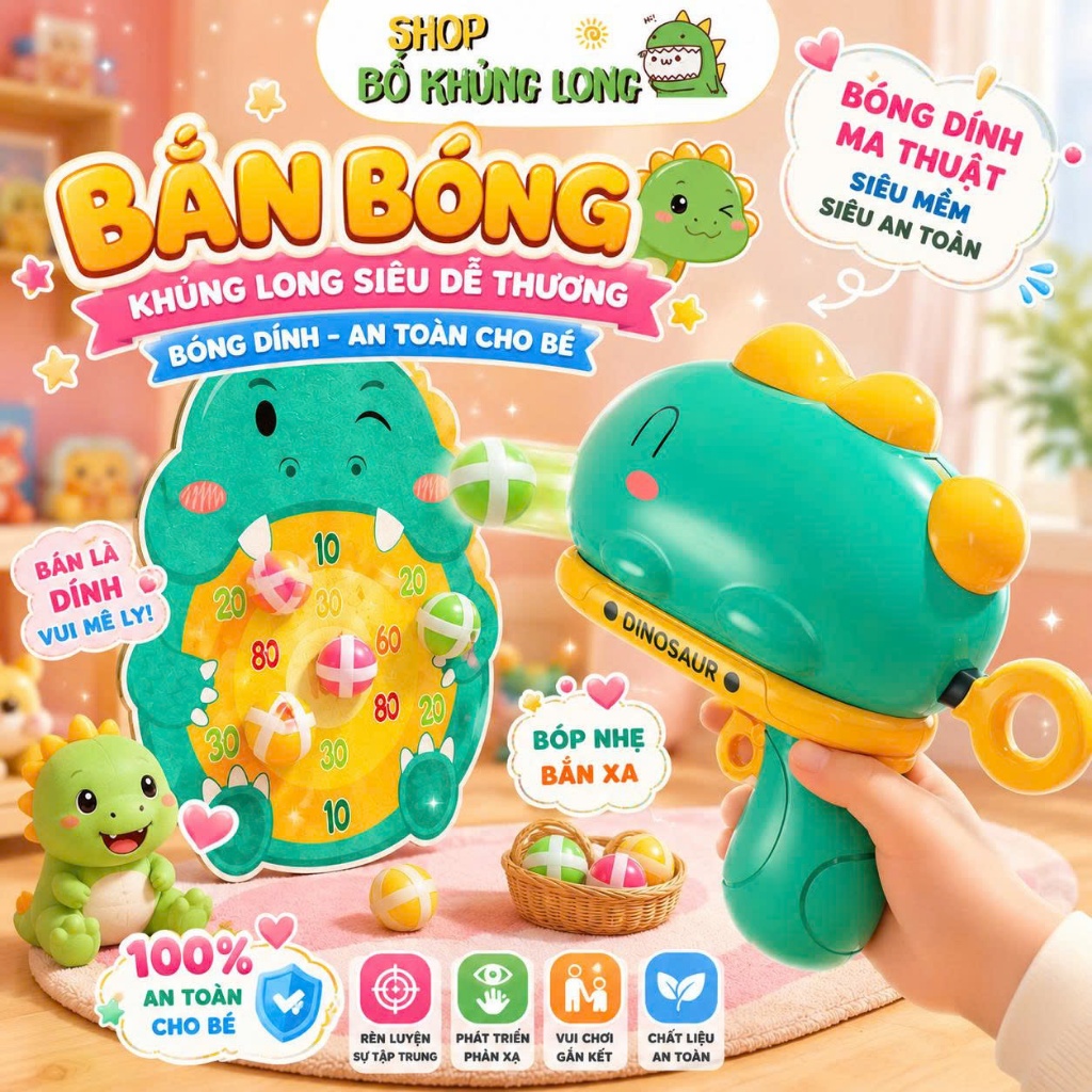 [TẶNG 6 BÓNG] Đồ Chơi Súng Ném Bóng Dính Khủng Long Tính Điểm Súng Bắn Phi Tiêu Cho Bé - BỐ KHỦNG LO