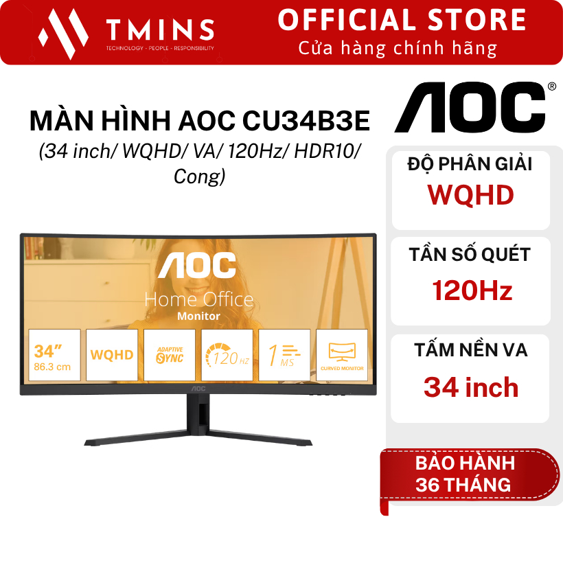 Màn Hình AOC CU34B3E (34 inch/ WQHD/ VA/ 120Hz/ HDR10/ Cong) - Hàng chính hãng