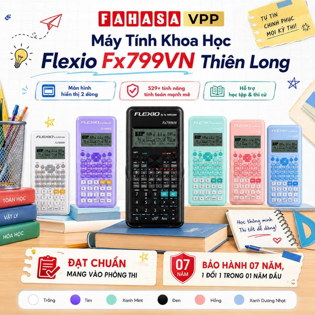 Máy Tính Khoa Học Flexio Fx 799VN - Màu Trắng, Đen, Hồng, Bạc Hà, Xanh Dương