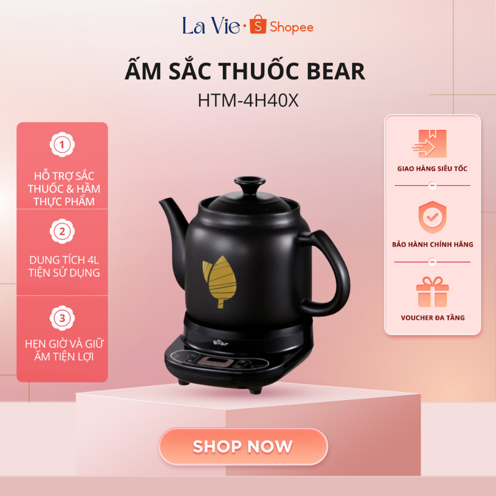 Ấm Sắc Thuốc Bear HTM-4H40X 4L – Thân Sứ – Hẹn Giờ Giữ Ấm | BH 18 Tháng