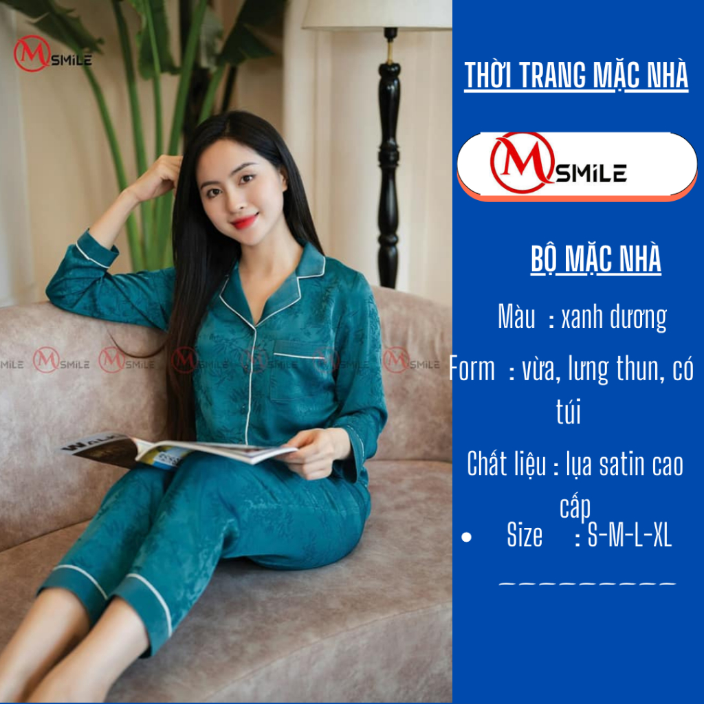 Bộ mặc nhà pijama Msmile cao cấp tay dài chất lụa gấm sang trọng họa tiết hoa xanh dương 312