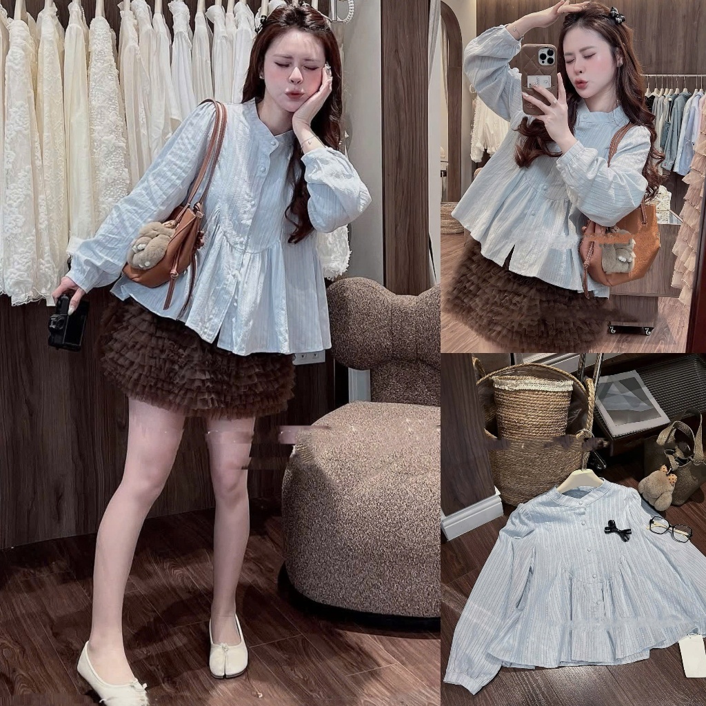 𝙏𝒉𝙖𝒐𝙫𝒊_𝑼𝙡𝒍𝙯𝒂𝙣𝒈// Áo sơ mi nữ A.830, Áo sơ mi cổ tròn tay dài bo nhẹ dáng babydoll phối cúc bọc vải thô boil Siêu HOTHIT | BigBuy360 - bigbuy360.vn