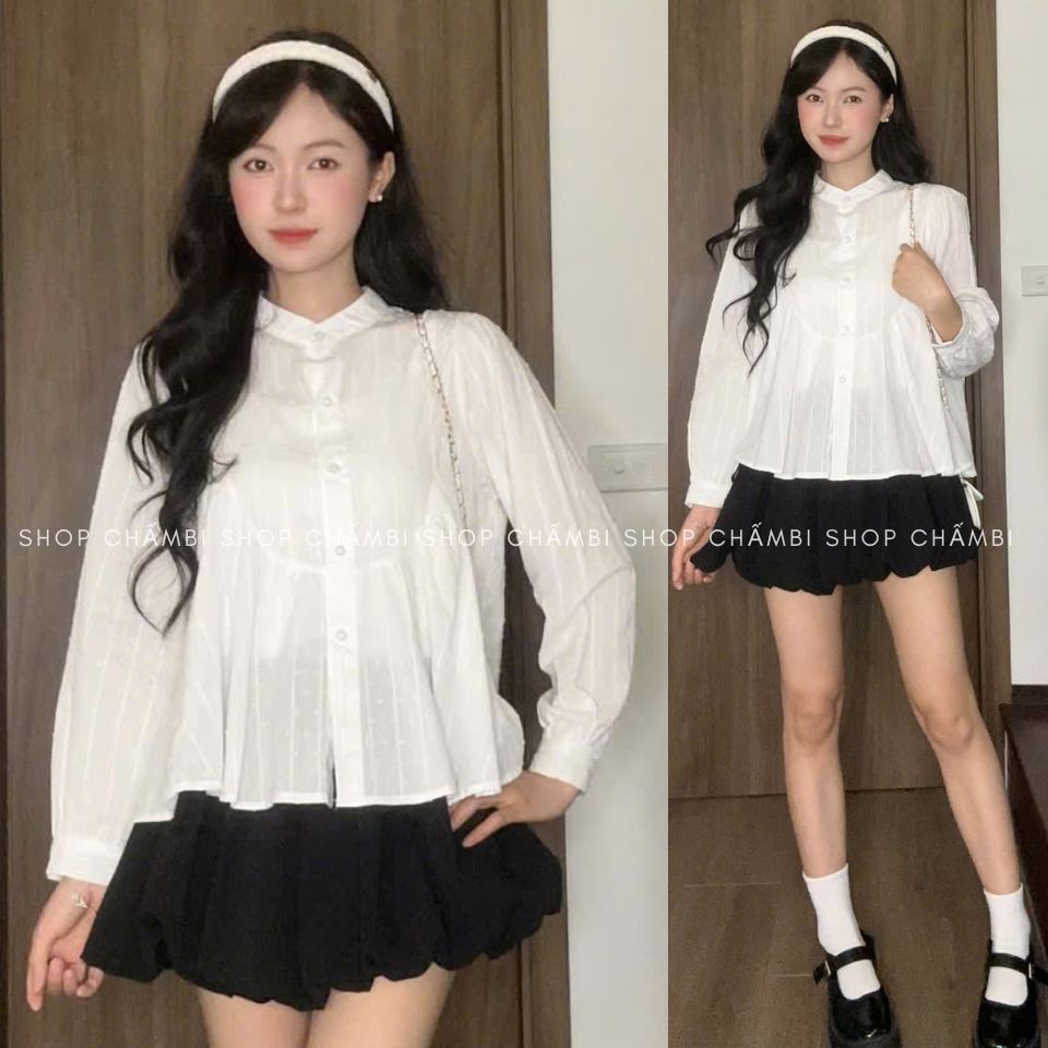 𝙏𝒉𝙖𝒐𝙫𝒊_𝑼𝙡𝒍𝙯𝒂𝙣𝒈// Áo sơ mi nữ A.830, Áo sơ mi cổ tròn tay dài bo nhẹ dáng babydoll phối cúc bọc vải thô boil Siêu HOTHIT | BigBuy360 - bigbuy360.vn