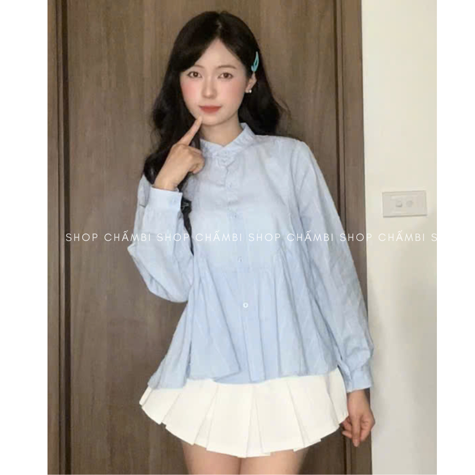 𝙏𝒉𝙖𝒐𝙫𝒊_𝑼𝙡𝒍𝙯𝒂𝙣𝒈// Áo sơ mi nữ A.830, Áo sơ mi cổ tròn tay dài bo nhẹ dáng babydoll phối cúc bọc vải thô boil Siêu HOTHIT | BigBuy360 - bigbuy360.vn