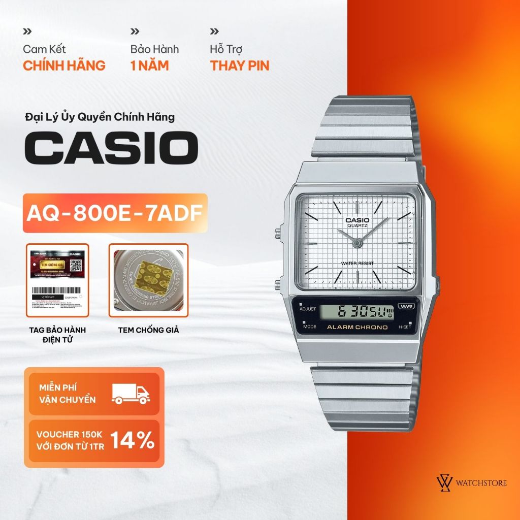 Đồng Hồ Casio Vintage Unisex AQ-800E-7ADF Màu Trắng Mặt Kính Nhựa 32.1mm Chống Nước Dây Kim Loại Chí