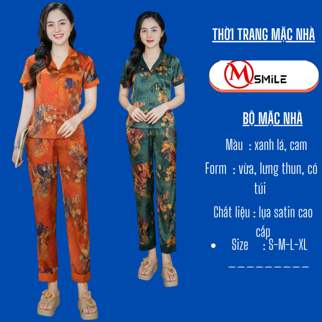 Bộ mặc nhà pijama Msmile cao cấp tay ngắn chất lụa gấm họa tiết lạ mắt chất lụa satin mềm mại 322